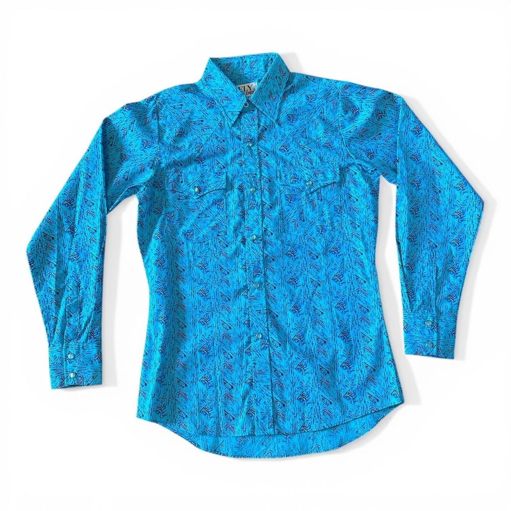 Vintage Western Pearl Snap Shirt Womens S Teal Abstract 90s Indie Rodeo Festival